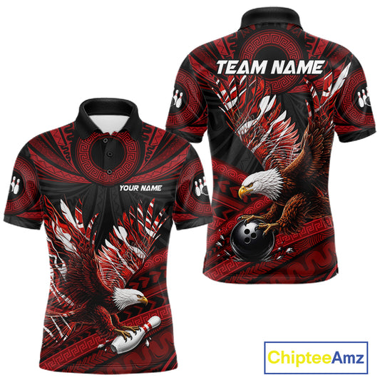Custom Red Tribal Pattern Polynesian Eagle Bowling Men Polo Quarter-Zip Shirts, Bowling Team Attire NYN3687