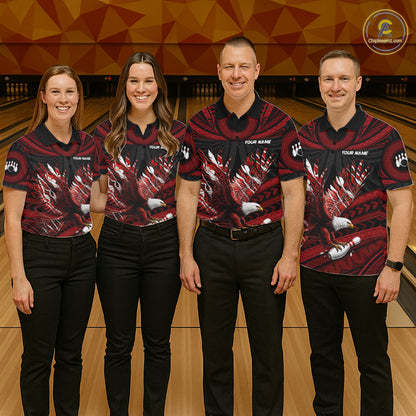 Custom Red Tribal Pattern Polynesian Eagle Bowling Men Polo Quarter-Zip Shirts, Bowling Team Attire NYN3687
