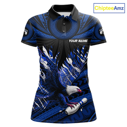 Custom Blue Tribal Pattern Polynesian Eagle Bowling Women Polo Quarter-Zip Shirts, Bowling Team Attire NYN3688