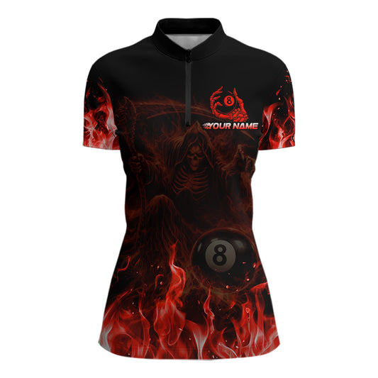 Custom Red Flaming Grim Reaper 8 Ball Billiard Pool Shirts For Women Billiard Polo & 1/4-Zip Jersey NYN2775