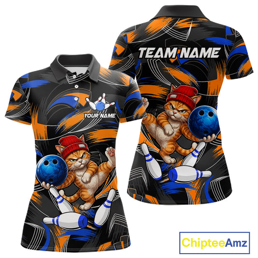 Blue And Orange Funny Cat Bowling Shirts For Women Personalized Bowling Team Name Outfits NYN3979