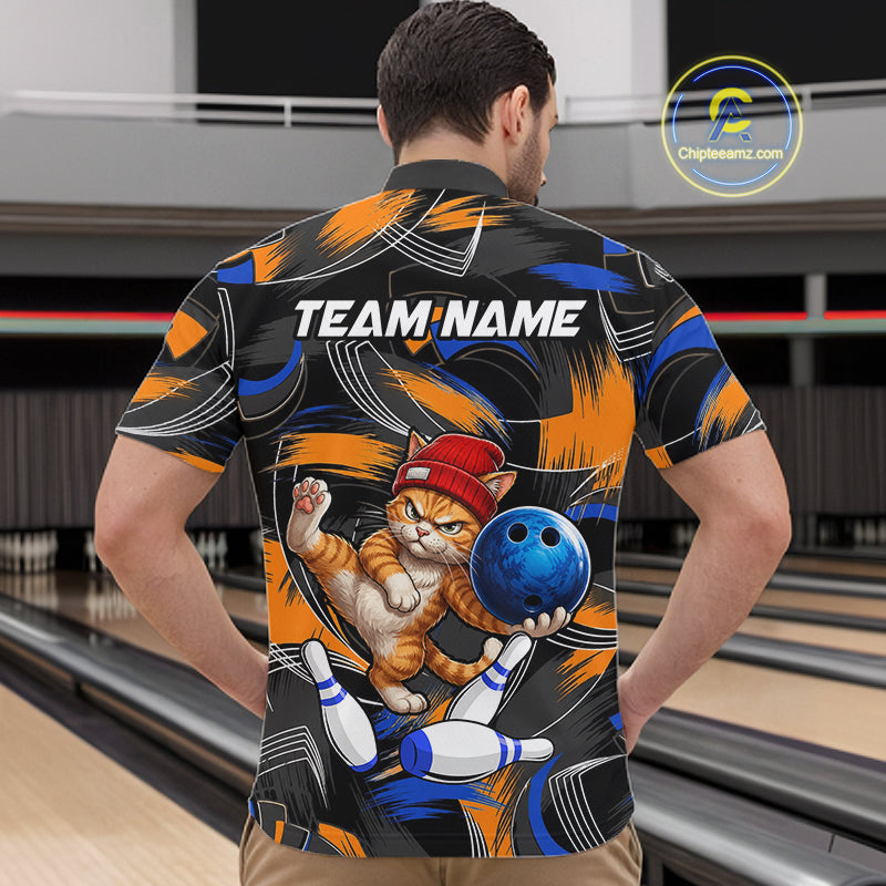 Blue And Orange Funny Cat Bowling Shirts For Men Personalized Bowling Team Name Outfits NYN3979