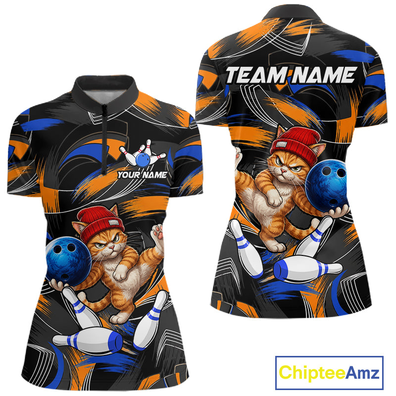 Blue And Orange Funny Cat Bowling Shirts For Women Personalized Bowling Team Name Outfits NYN3979