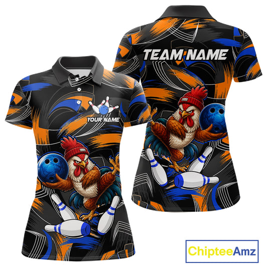 Blue And Orange Funny Rooster Bowling Shirts For Women Personalized Bowling Team Name Outfits NYN3980