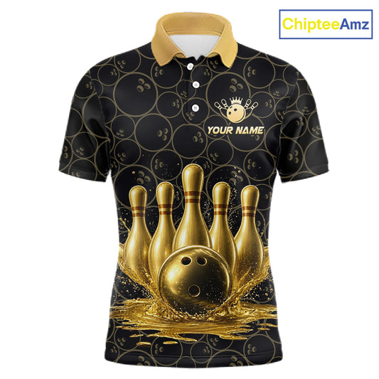 Splatter Gold Dripping Bowling And Pins Jerseys For Men Custom Bowling Ball Shirt Team Attire NYN3180