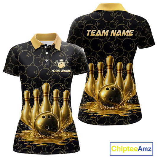 Splatter Gold Dripping Bowling And Pins Jerseys For Women Custom Bowling Ball Shirt Team Attire NYN3180