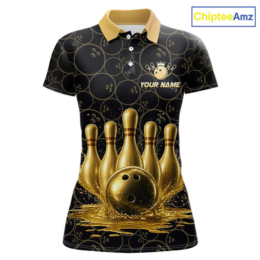 Splatter Gold Dripping Bowling And Pins Jerseys For Women Custom Bowling Ball Shirt Team Attire NYN3180