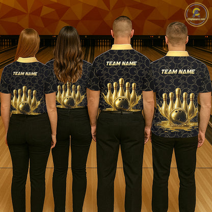 Splatter Gold Dripping Bowling And Pins Jerseys For Women Custom Bowling Ball Shirt Team Attire NYN3180
