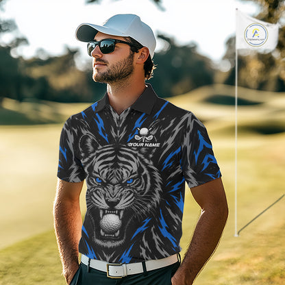 Custom Blue And Grey Tiger Golf Ball Team Attire Funny Golf Polo Golf Shirts For Men NYN3994