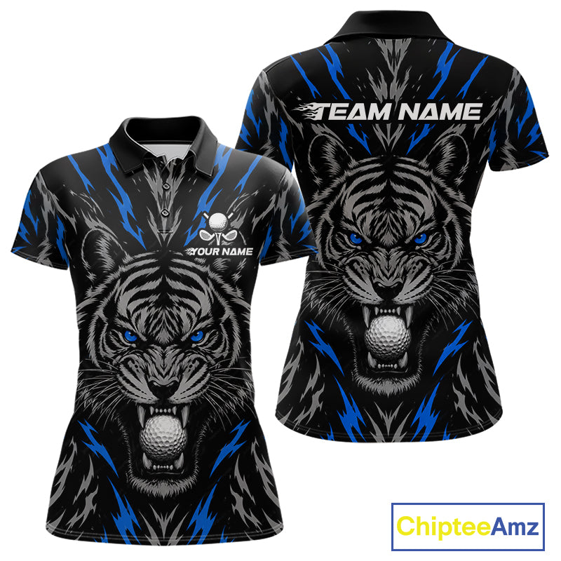Custom Blue And Grey Tiger Golf Ball Team Attire Funny Golf Polo Golf Shirts For Women NYN3994