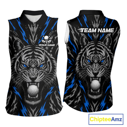 Custom Blue And Grey Tiger Golf Ball Team Attire Funny Sleeveless Golf Polo Golf Shirts For Women NYN3994