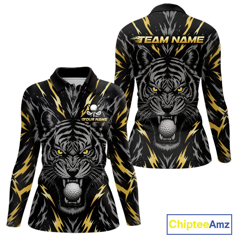 Custom Gold And Grey Tiger Golf Ball Team Attire Funny Golf Polo Golf Shirts For Women NYN3995