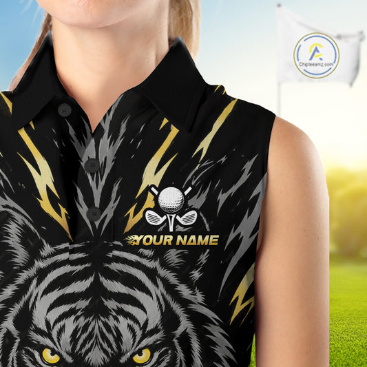 Custom Gold And Grey Tiger Golf Ball Team Attire Funny Sleeveless Golf Polo Golf Shirts For Women NYN3995