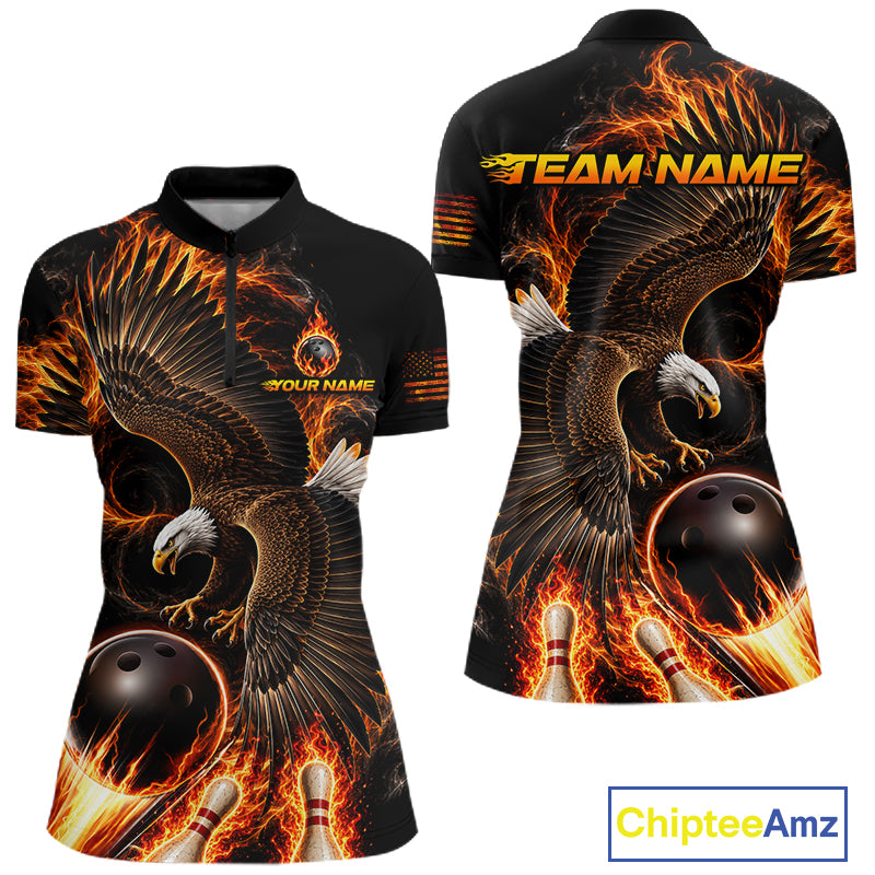 Custom Thunder Bowling Ball Shirt Womens Flame Eagle Bowling Polo Quarter-Zip Shirt | Orange NYN4004