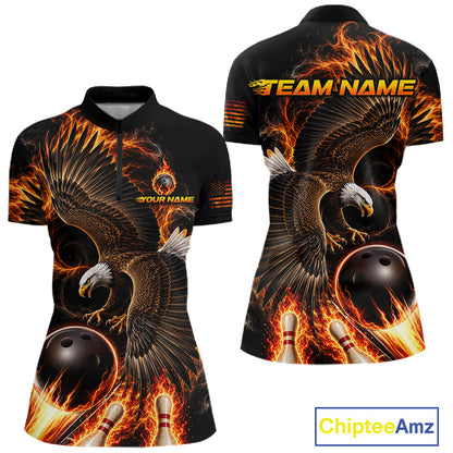 Custom Thunder Bowling Ball Shirt Womens Flame Eagle Bowling Polo Quarter-Zip Shirt | Orange NYN4004