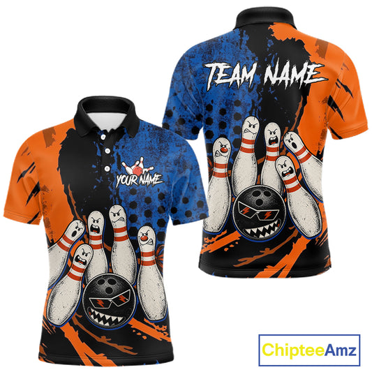 Custom Grunge Orange And Blue Angry Men Bowling Ball & Pins Shirts Funny Bowling Team Outfits NYN3185