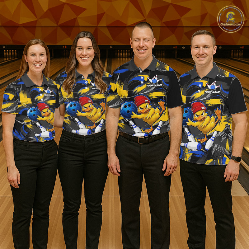 Blue And Yellow Funny Duck Bowling Shirts For Women Personalized Bowling Team Name Outfits NYN3190