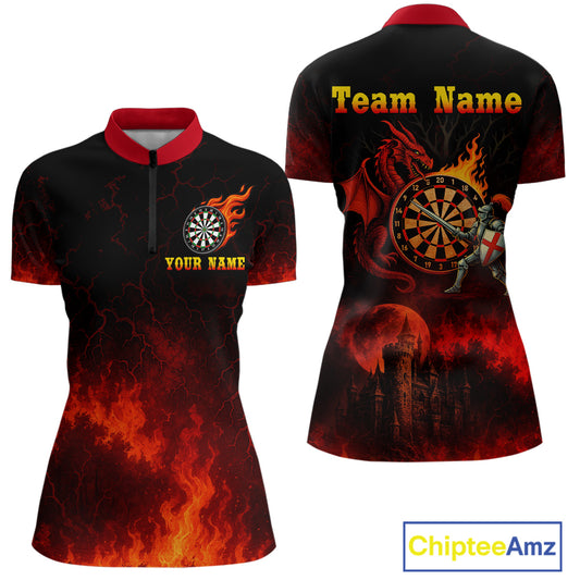 Medieval Power Darts Team Shirt For Women - Flaming Dartboard & Castle | Custom Name NYN0485