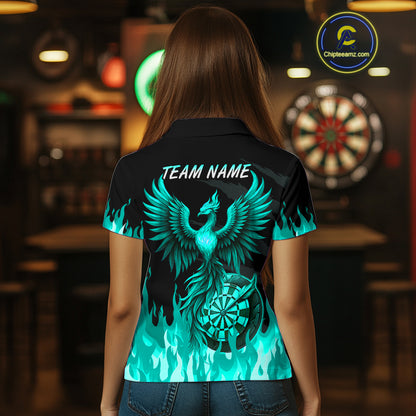 Custom Turquoise Flames Phoenix Dartboard Dart Polo Jersey For Women Dart Tournament Team Shirts NYN0982