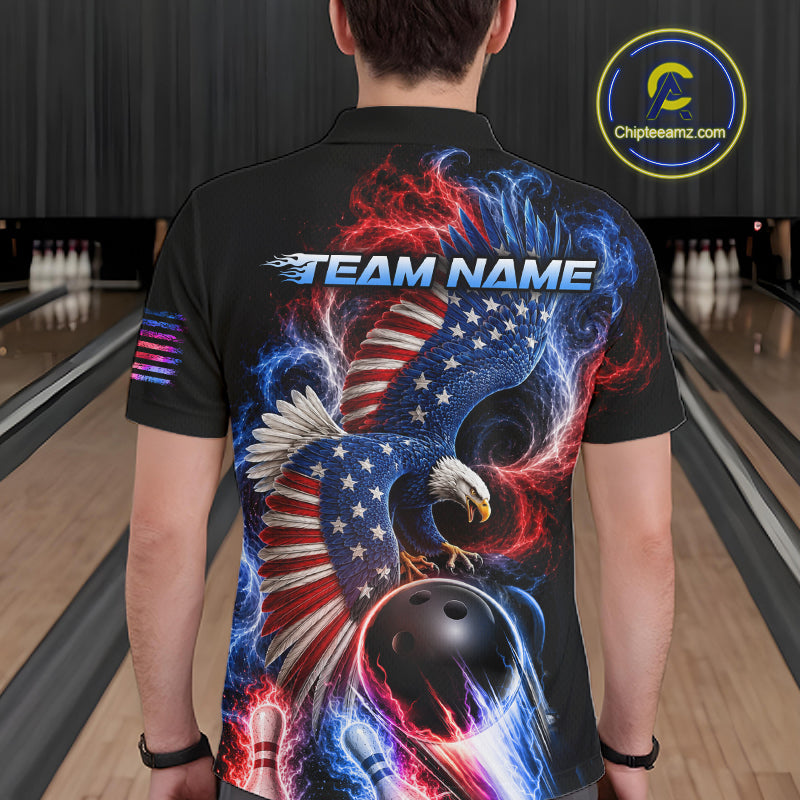 Custom Thunder Bowling Shirt For Men USA Flag Flame Eagle Bowling Polo Quarter-Zip Shirt NYN4009