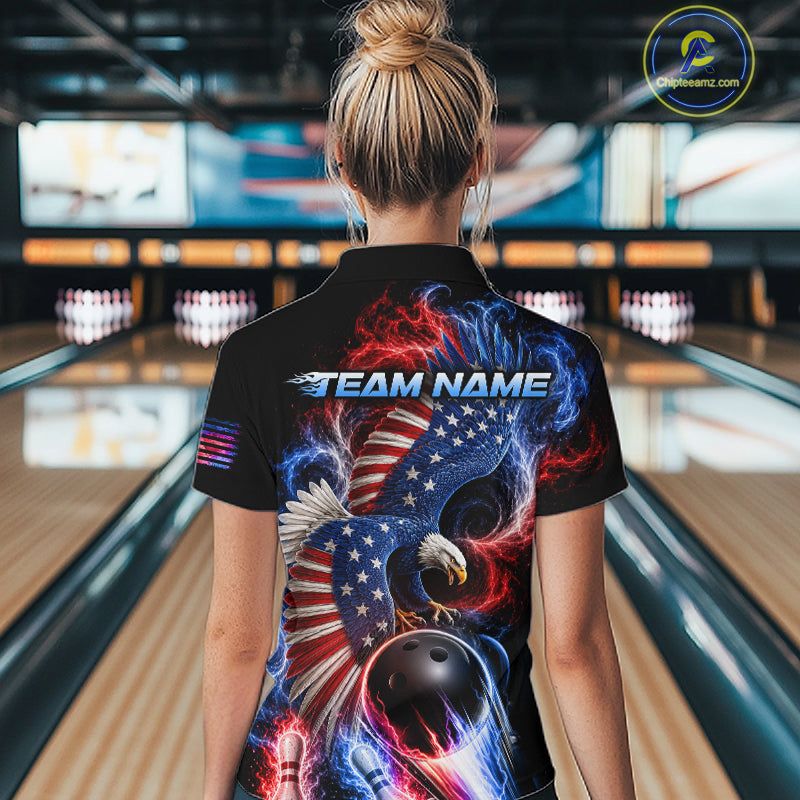 Custom Thunder Bowling Shirt For Women USA Flag Flame Eagle Bowling Polo Quarter-Zip Shirt NYN4009
