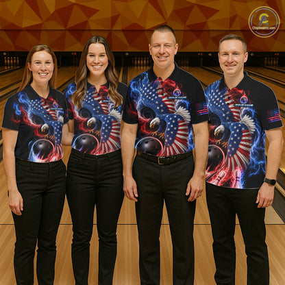 Custom Thunder Bowling Shirt For Women USA Flag Flame Eagle Bowling Polo Quarter-Zip Shirt NYN4009