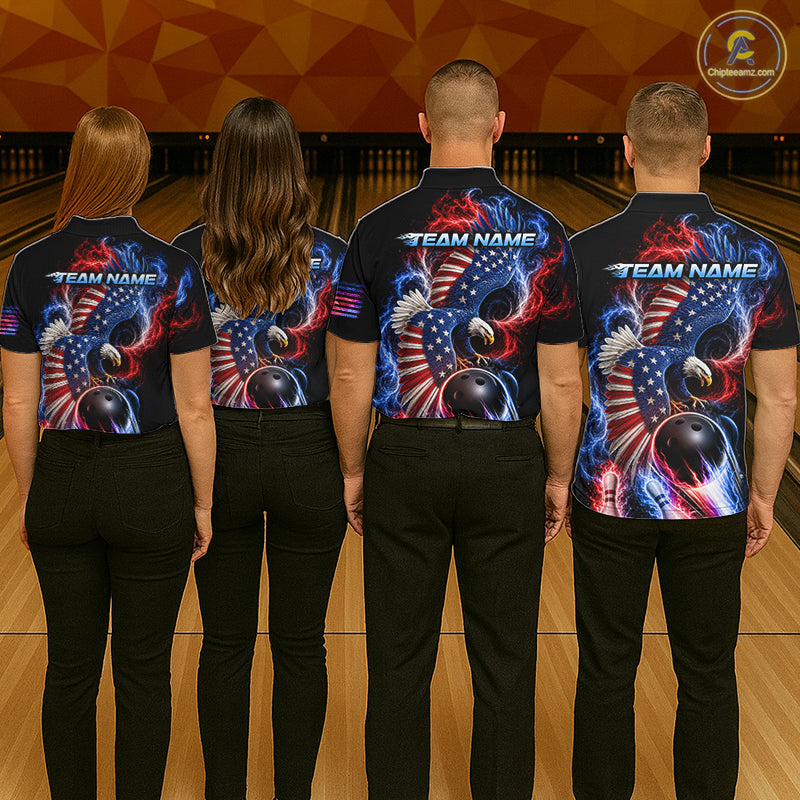 Custom Thunder Bowling Shirt For Women USA Flag Flame Eagle Bowling Polo Quarter-Zip Shirt NYN4009