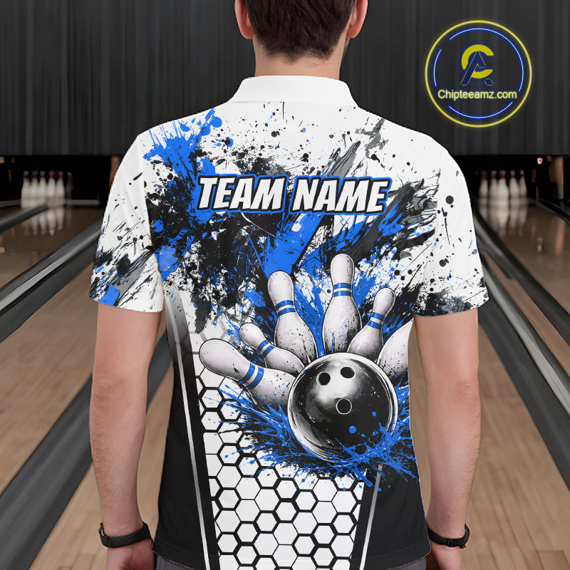 Custom Black And Blue Splatter Mens Bowling Shirt Splash Bowling Tournament Team Jersey NYN4011