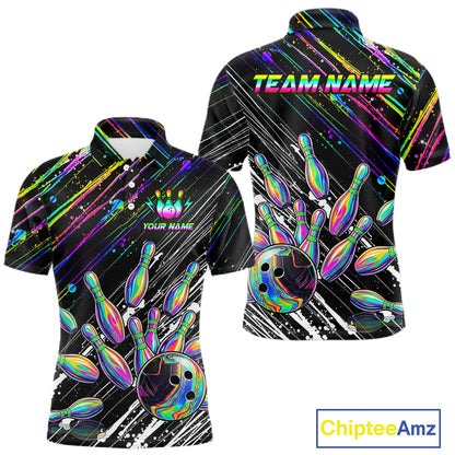 Holographic Strike Bowling Ball & Pins Jersey For Men Custom Splatter Paint Bowling Team Shirts NYN3200