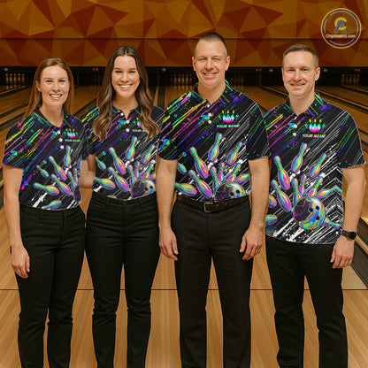 Holographic Strike Bowling Ball & Pins Jersey For Women Custom Splatter Paint Bowling Team Shirts NYN3200