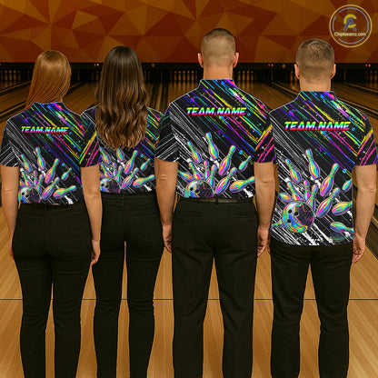 Holographic Strike Bowling Ball & Pins Jersey For Women Custom Splatter Paint Bowling Team Shirts NYN3200