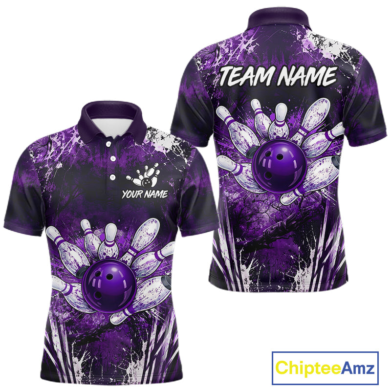 Men's white purple splatter paint bowling ball polo shirt custom bowling jersey mockup
