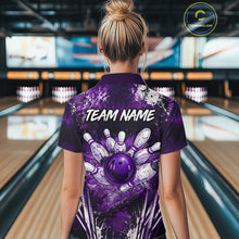 Load image into Gallery viewer, Woman wearing white purple splatter bowling ball shirt custom bowling apparel