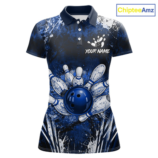 Women's white blue splatter paint bowling ball polo shirt custom bowling jersey mockup