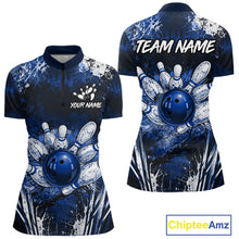 Load image into Gallery viewer, Women's white blue splatter bowling ball quarter zip bowling shirt mockup