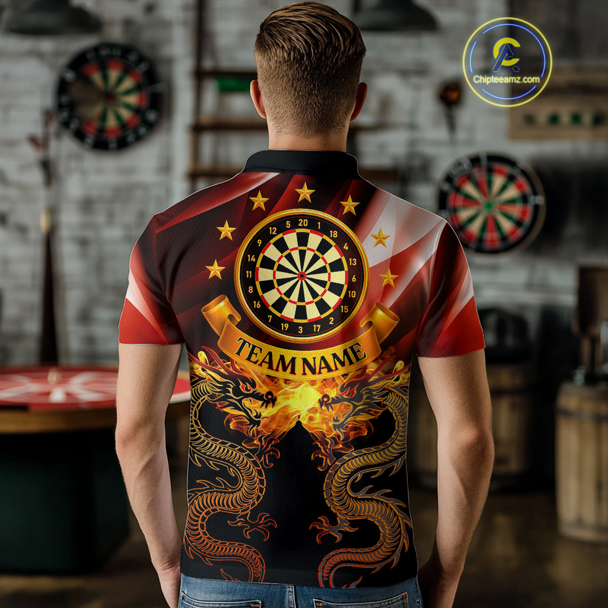 Flame Dragons With Golden Darts Men's Darts Team Shirt - Custom Name For Players NYN0500