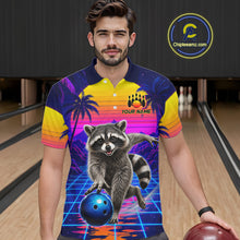 Load image into Gallery viewer, Man wearing funny raccoon bowling shirt custom summer bowling apparel