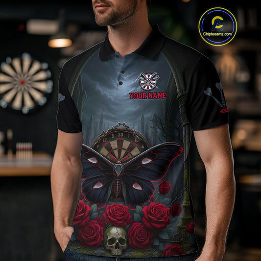 Red Butterfly Roses Dartboard Skull Custom Men Darts Polo Shirt Gothic Dart Jerseys NYN1911