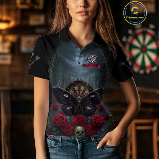 Red Butterfly Roses Dartboard Skull Custom Women Darts Polo Shirt Gothic Dart Jerseys NYN1911