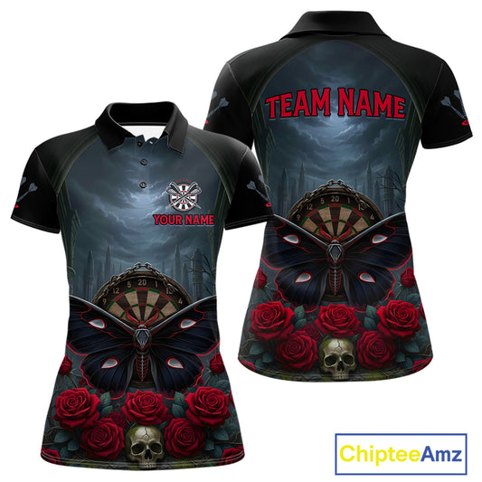 Red Butterfly Roses Dartboard Skull Custom Women Darts Polo Shirt Gothic Dart Jerseys NYN1911