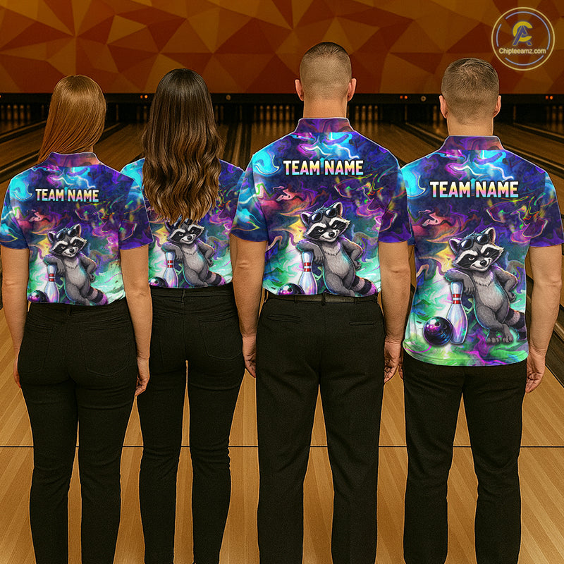 Funny Raccoon Neon Colorful Bowling Polo Quarter-Zip Shirt For Men Custom Bowling Tournament Jersey NYN3747