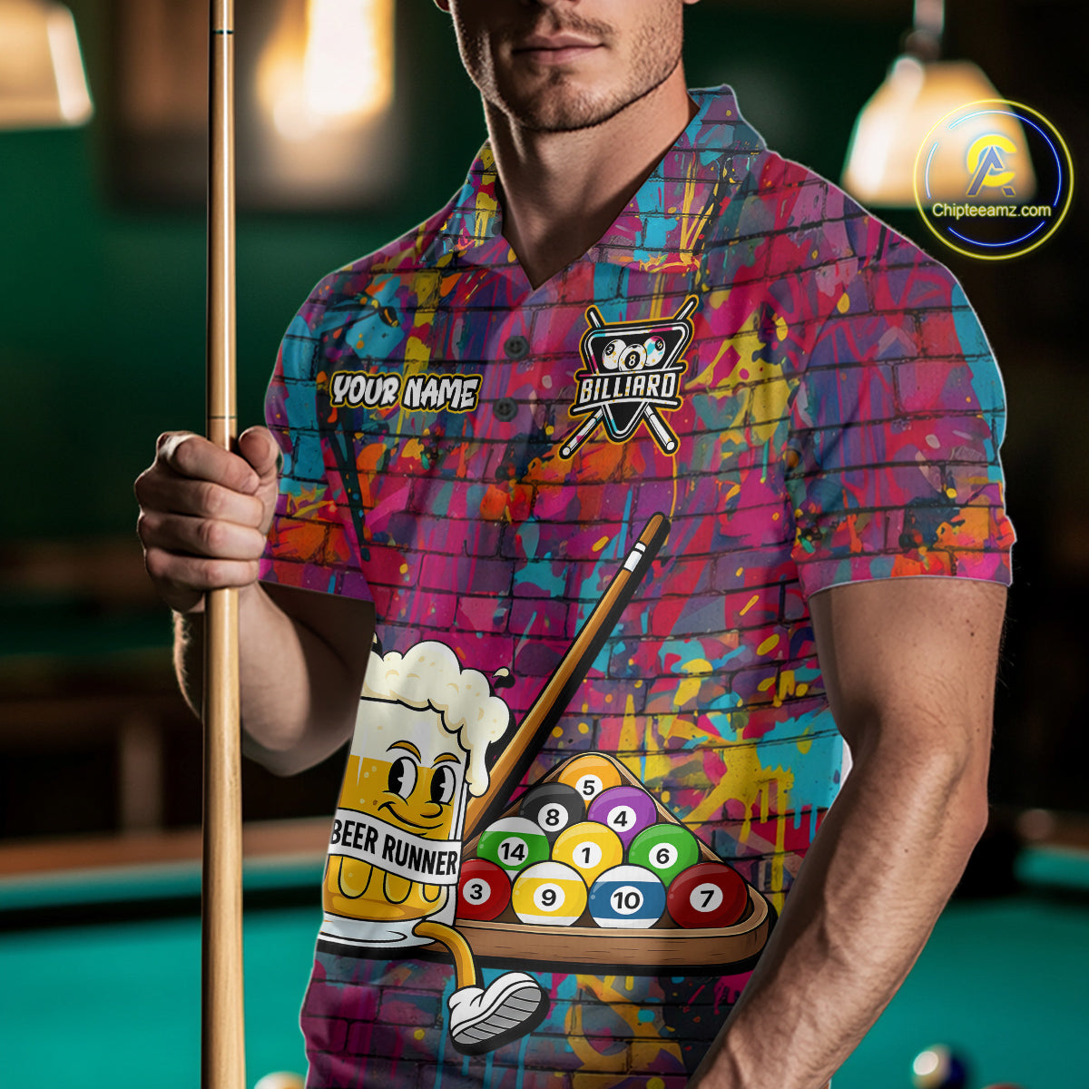 Funny Beer Play Pool 8 Ball Men's Billiard Team Shirt Custom Colorful Splatter Billiard Attire NYN2476
