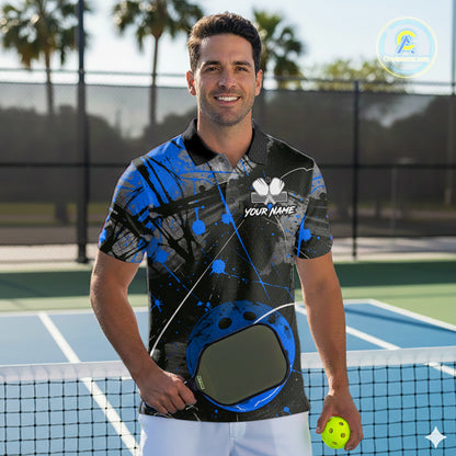 Custom Black Grunge Blue Pickleball Ball T-Shirt For Men Splatter Pickleball Jerseys NYN2482