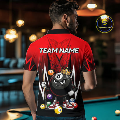Black & Red Funny Crown 8 Ball Billiard Shirt For Men Custom 8 Ball Pool Polo & 1/4 Zip Jersey NYN3785