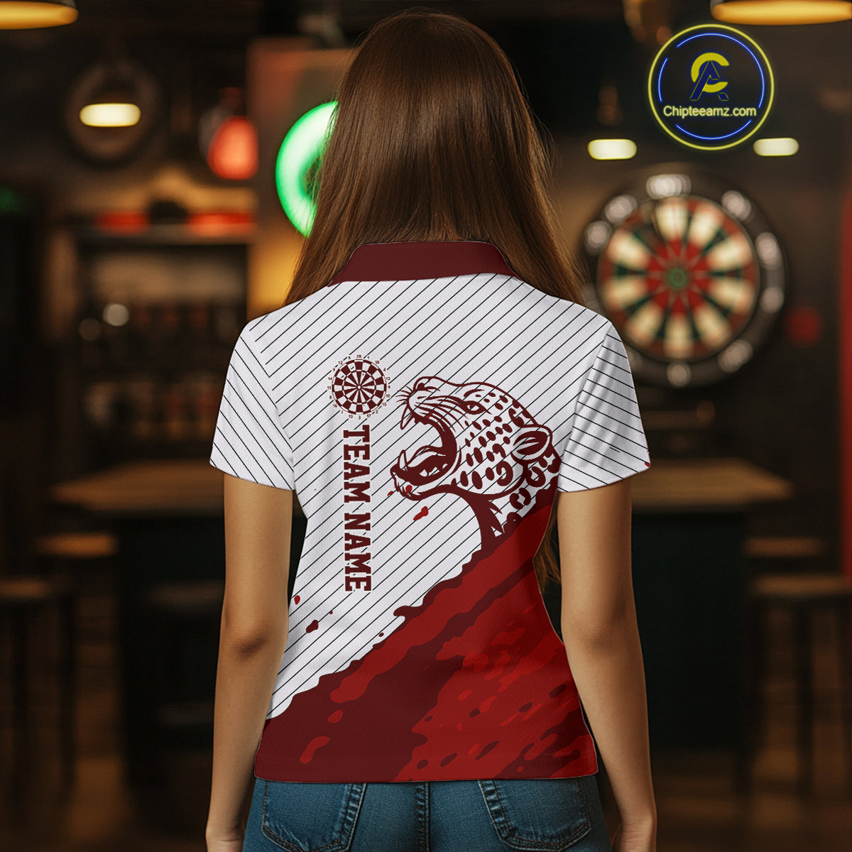 Personalized White And Red Striped Leopard Darts Polo Shirts For Women Dart Team Jerseys NYN2197