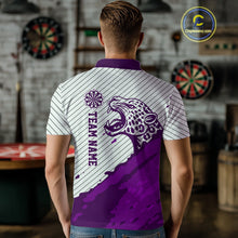 Load image into Gallery viewer, Personalized White And Purple Striped Leopard Darts Polo Shirts For Men Dart Team Jerseys NYN2199