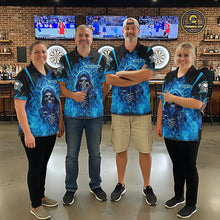 Load image into Gallery viewer, Personalized Blue Flaming Grim Reaper Men Darts Quarter-Zip League Shirts Outfits Dart Jerseys NYN2208