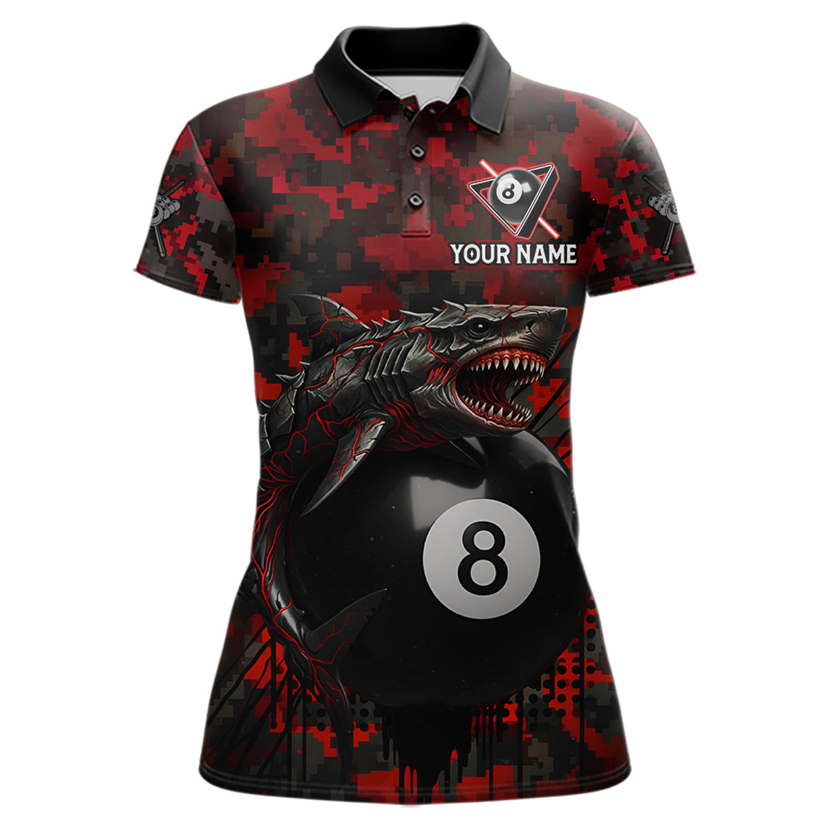 Horror Shark Play Pool 8 Ball Women's Billiard Team Shirt Custom Red Camouflage Billiard Attire NYN2499