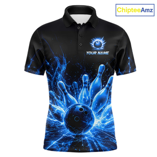 Blue Flames Bowling Ball and Pins men's bowling polo shirt custom thunder lightning bowling team jersey