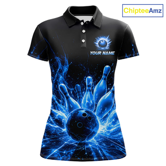 Blue Flames Bowling Ball and Pins women's bowling polo shirt custom thunder lightning bowling team jersey